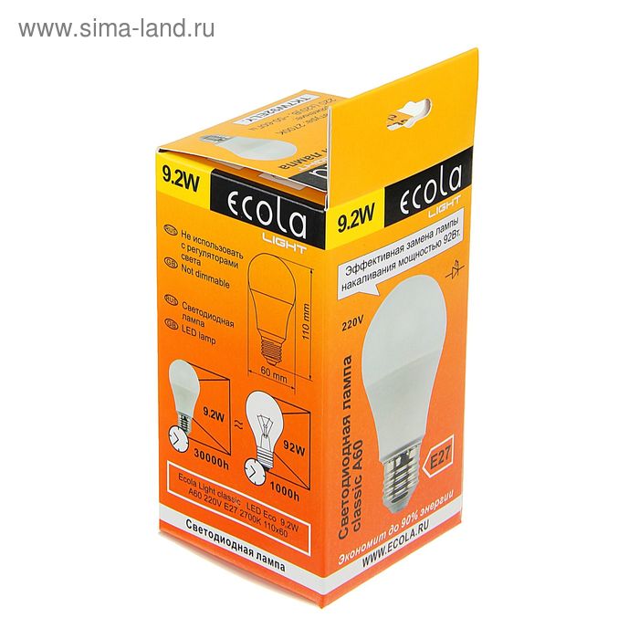 фото Лампа светодиодная ecola light classic, е27, а60, 9.2 вт, 2700 к, 110x60 мм