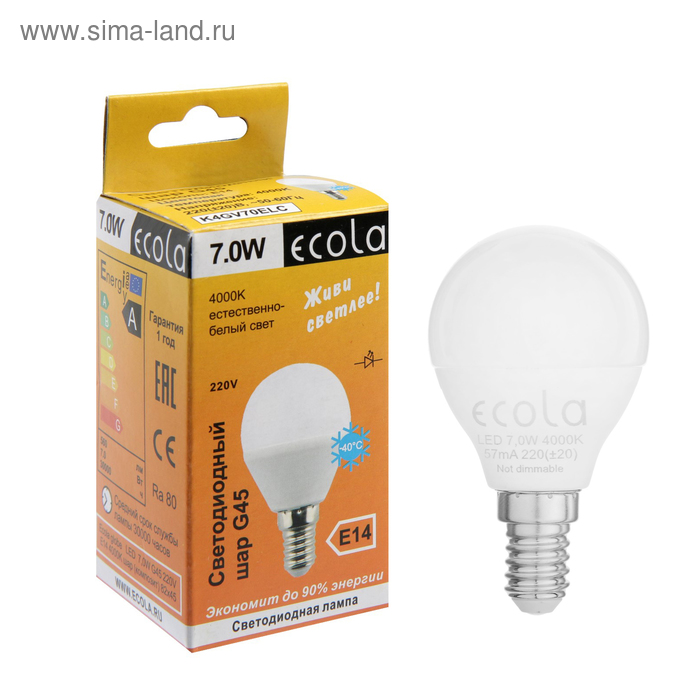 фото Лампа светодиодная ecola globe, g45, 7 вт, e14, 4000 k, 82x45, дневной белый
