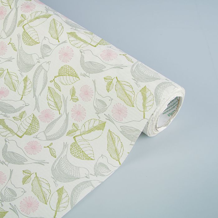 Бумага упаковочная крафт "Птички", бело-розово-зеленый, 0.5 х 10 м