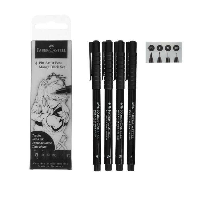 Набор ручек капиллярных 4 штуки (линеры XS, S, F; кисть B), Faber-Castell PITT® Artist Pen Manga, цвет черный цена и фото