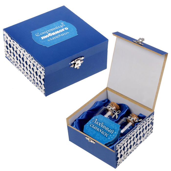 Шкатулка для первого локона и зубика "Сокровища любимого сыночка", с открыткой