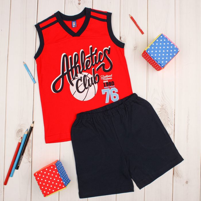 Костюм для мальчика "Athletics Club" (майка, шорты), рост 98 см (26), цвет красный/тёмно-синий