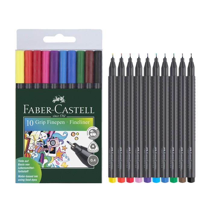 Набор ручек капиллярных 10 цветов Faber-Castell GRIP 0.4 мм в пластиковом футляре 151610 цена и фото