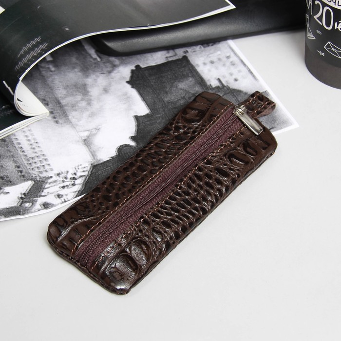 Ключница на молнии, 1 отдел, кольцо, кайман, скат, цвет коричневый