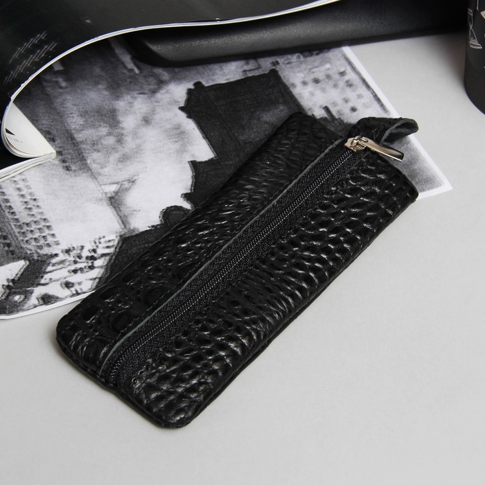 Ключница на молнии, 1 отдел, кольцо, кайман, скат, цвет чёрный