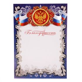 Благодарность 'Российская символика', РФ, синяя, 21х29,7 см Ош