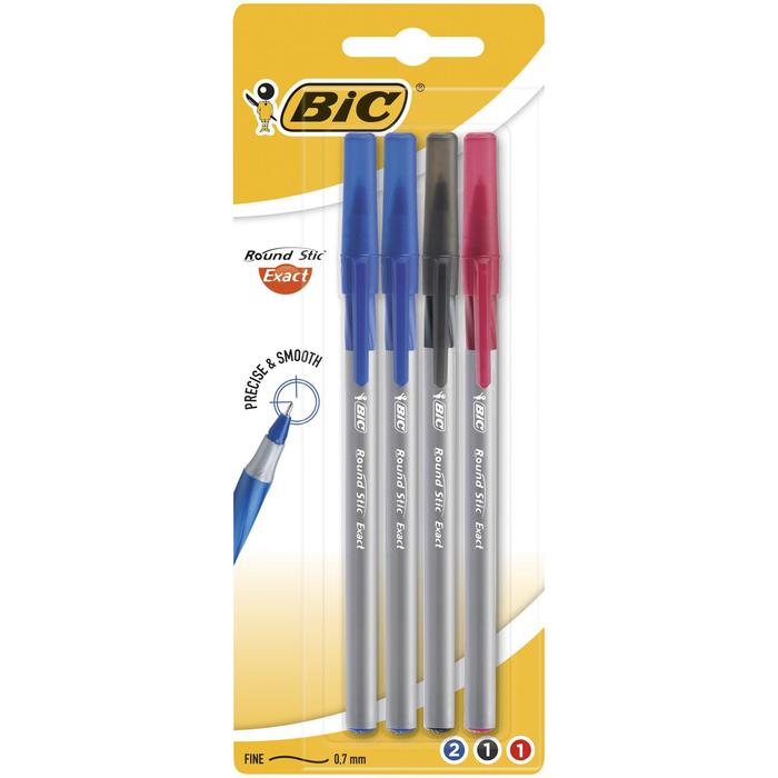 Набор ручек шариковых микс 4 цвета BIC Round Stic Exact, резиновый упор 0.7 ассорти, блистер 932858