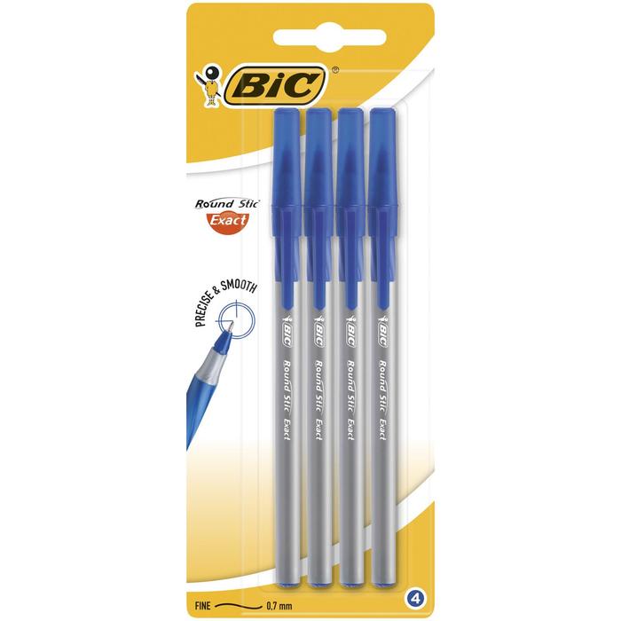 Набор ручек шариковых 4 штуки BIC Round Stic Exact, резиновый упор 0.7 синие чернила,блистер 932857