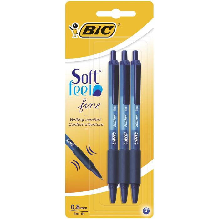 Набор ручек шариковых автоматических 3 штуки BIC SoftFeel fine Clic, резиновый упор, узел 0.8мм, чернила синие, блистер