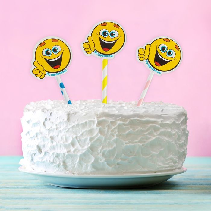 Топпер для сладкого "Поздравляем", смайлики, набор 6 шт. цвета МИКС