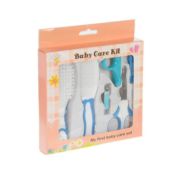 Набор гигиенический, 6 предметов: расчёска- 2шт, книпсер, ножницы, колпачок для ножниц, колпачок для книпсера, цвет голубой