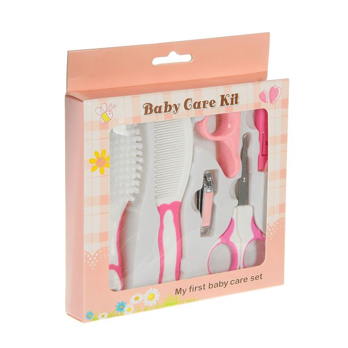 Набор гигиенический, 6 предметов: расчёска- 2шт, книпсер, ножницы, колпачок для ножниц, колпачок для книпсера, цвет розовый