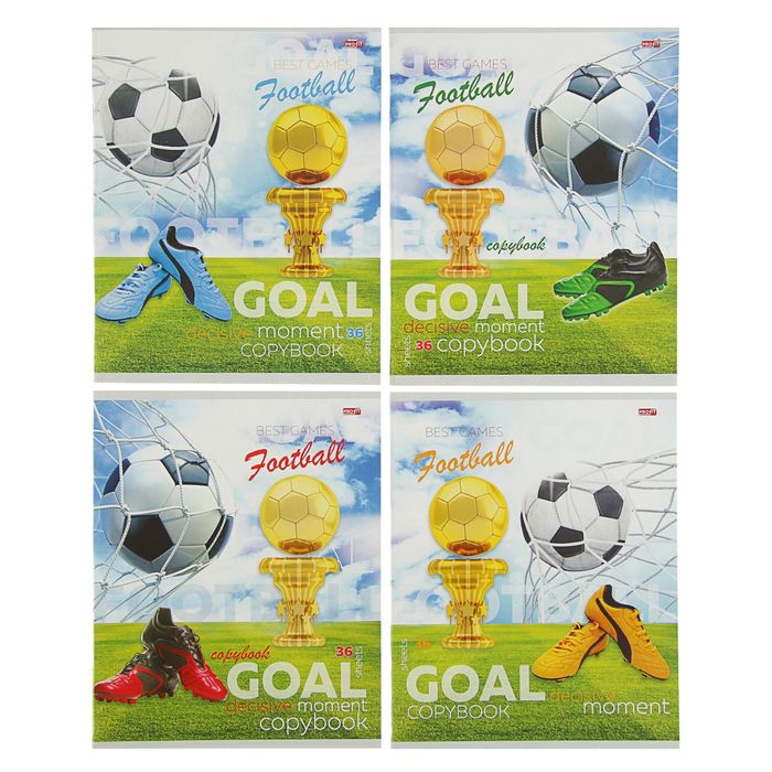 Тетрадь 36 листов клетка "Футбольный кубок", обложка картон хромэрзац, белизна блока 82-86%, МИКС