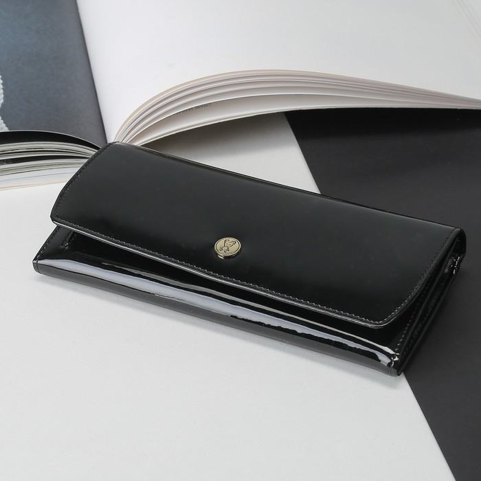 Кошелёк женский, 2 отдела, для карт, для монет, наружный карман, чёрный лак