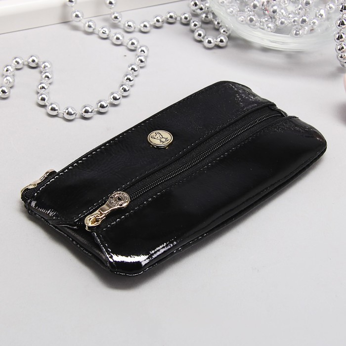 Кошелёк женский, отдел, для монет, 3 кольца д/ключей, цвет чёрный лак