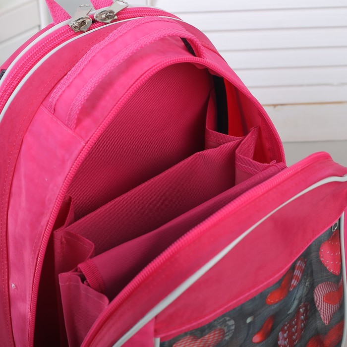 Рюкзак школьный на молнии "Сердца", 1 отдел, наружный карман, цвет красный/серый