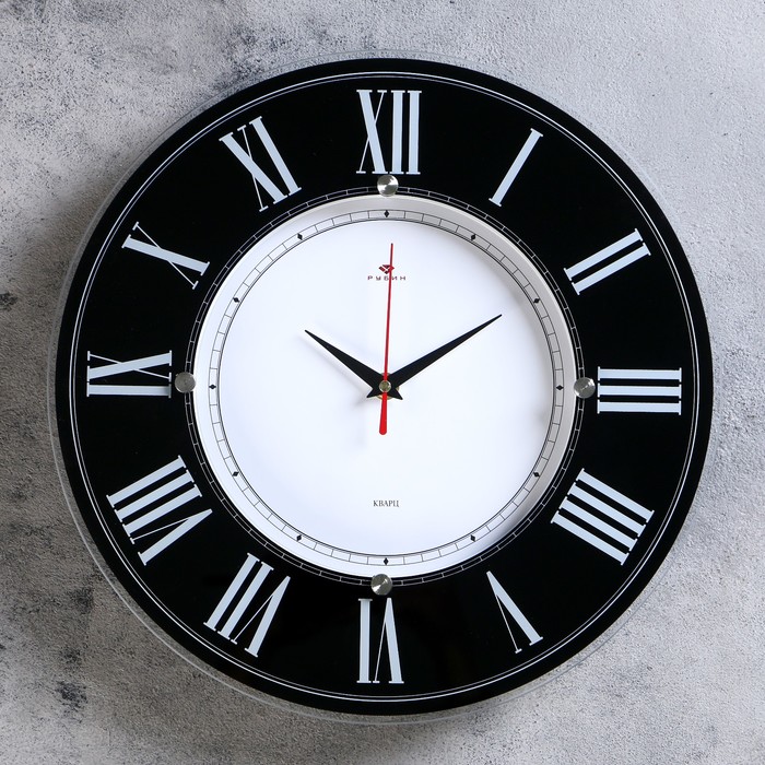 Часы настенные круглые "Классика", 34 см стекло, черные Рубин
