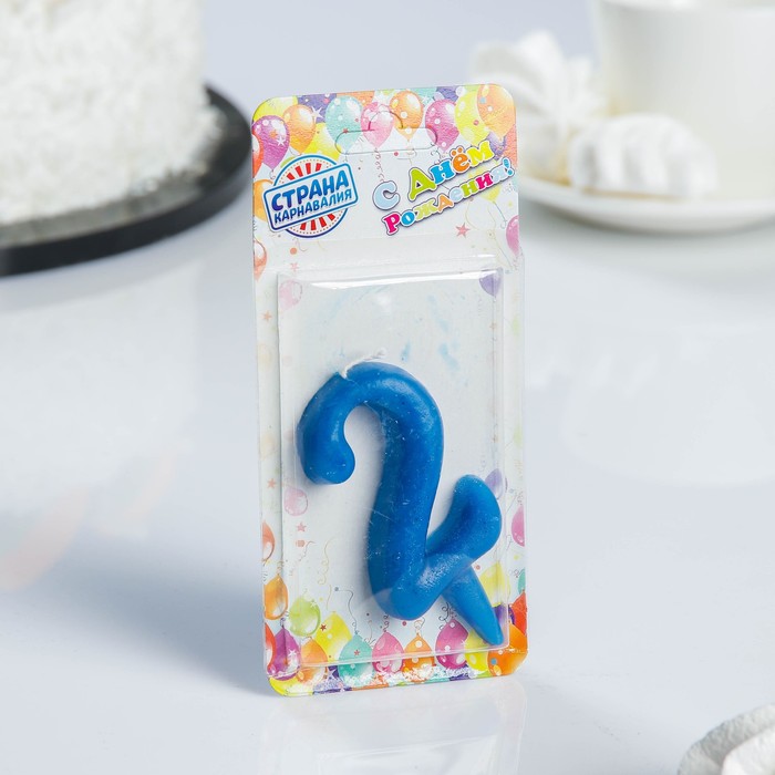 Свеча для торта цифра "Овал" синяя "2", плёнка