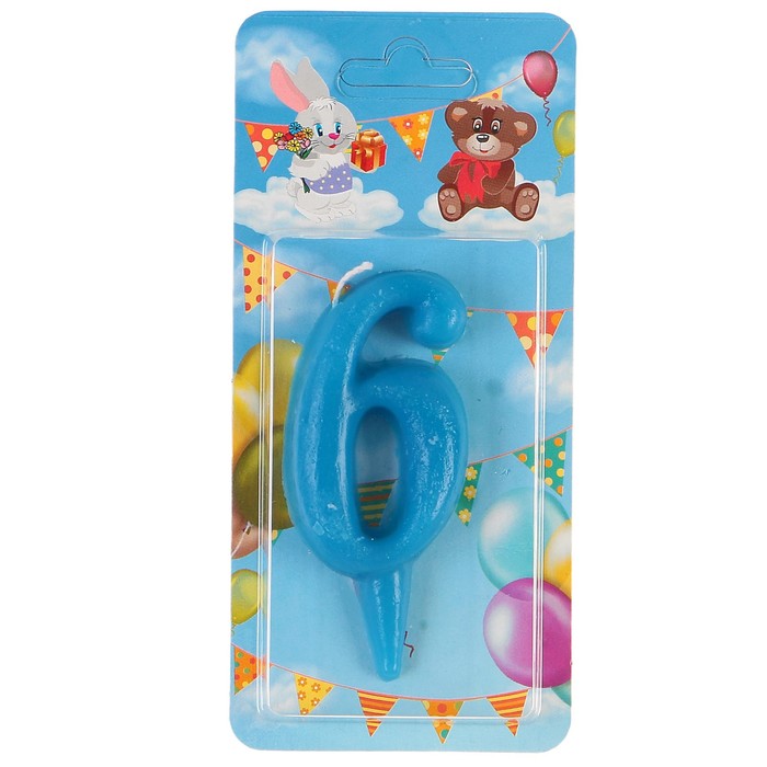 Свеча для торта цифра "Овал" синяя "6", плёнка