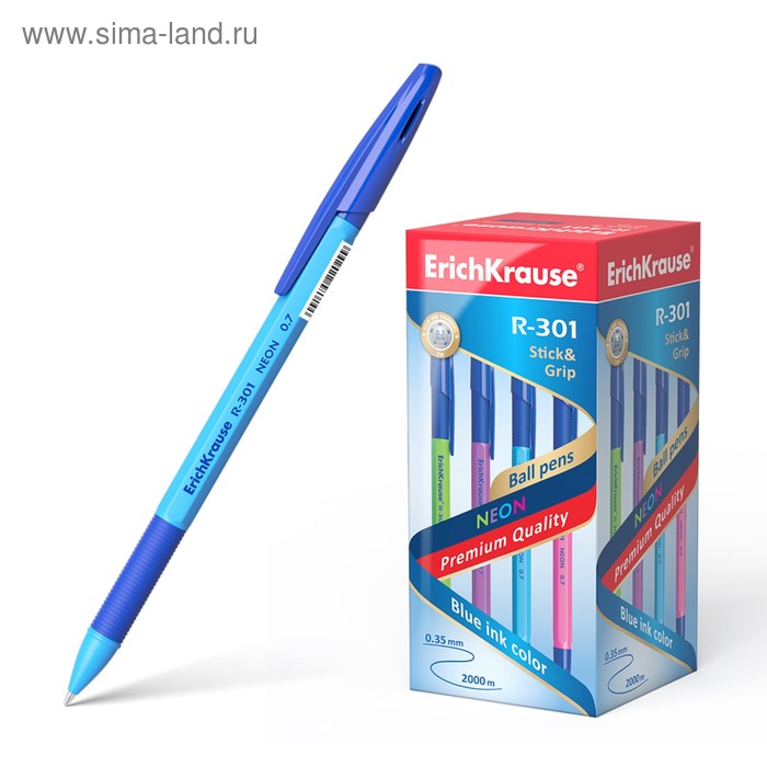 Ручка шариковая ErichKrause R-301 Neon Stick & Grip, узел 0.7 мм, чернила синие, резиновый упор, длина линии письма 2000 метров, микс