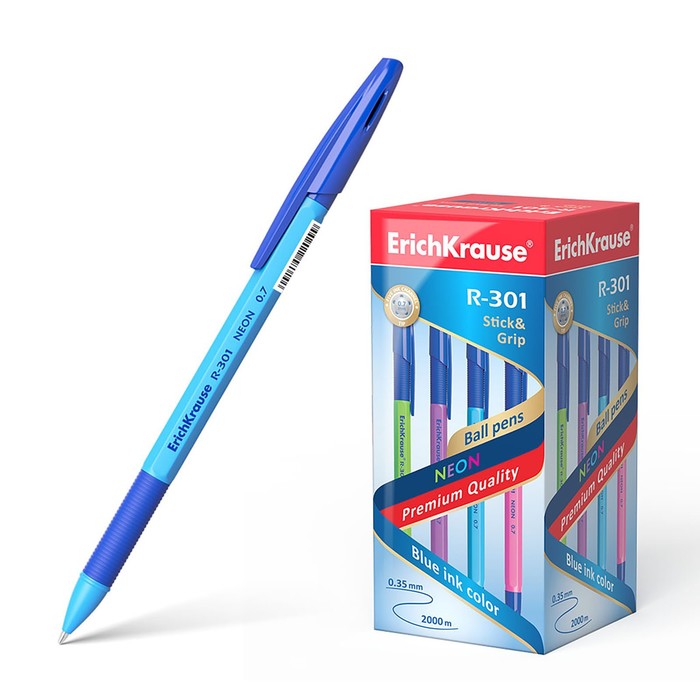 фото Ручка шариковая erichkrause r-301 neon stick & grip, узел 0.7 мм, чернила синие, резиновый упор, длина линии письма 2000 метров, микс