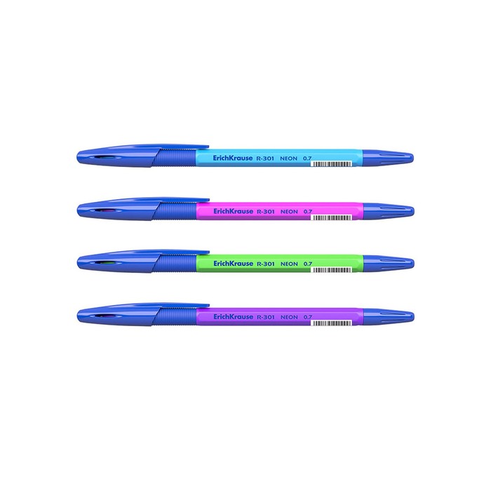 фото Ручка шариковая erich krause r-301 neon stick & grip, узел 0.7 мм, чернила синие, резиновый упор, длина линии письма 2000 метров, микс erichkrause
