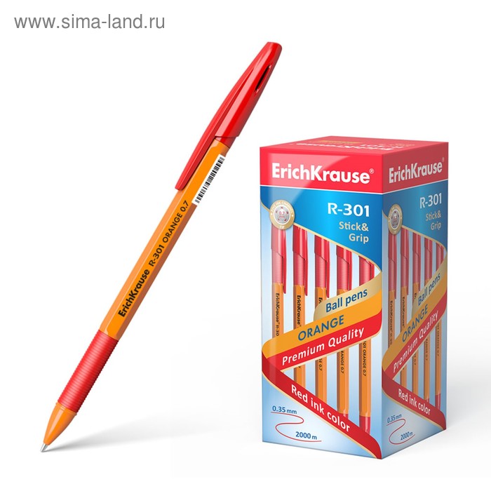 Ручка шариковая Erich Krause R-301 Orange Stick & Grip, узел 0.7 мм, чернила красные, резиновый упор, длина линии письма 1000 метров ручка шариковая erich krause ultra 30 узел игла 0 7 мм чернила чёрные резиновый упор длина линии письма 2000 метров