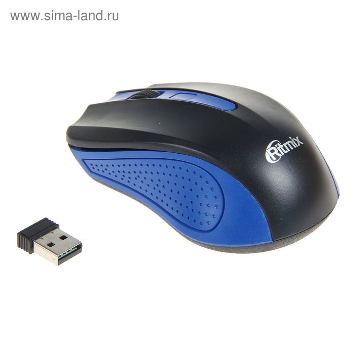 Мышь Ritmix RMW-555, беспроводная, оптическая, 1000 dpi, 2xAAA (не в комплекте), USB, синяя