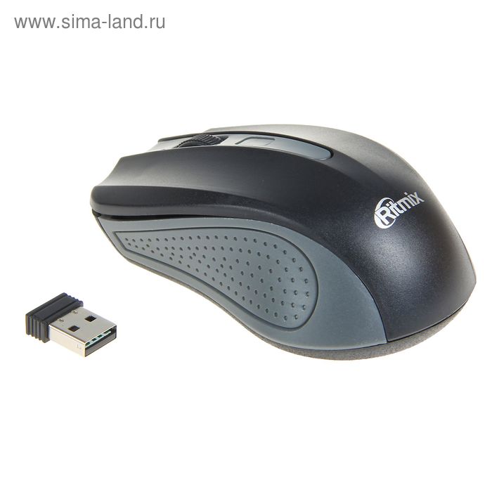 Мышь Ritmix RMW-555, беспроводная, оптическая, 1000 dpi, 2xAAA (не в комплекте), USB, серая