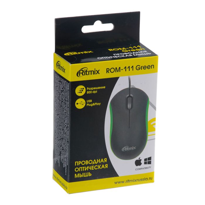Компьютерная мышь RITMIX ROM-111, проводная, USB, 800 dpi, зеленая