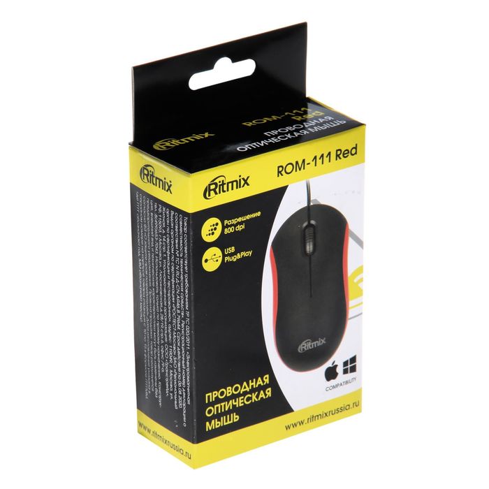 Компьютерная мышь RITMIX ROM-111, проводная, USB, 800 dpi, красная