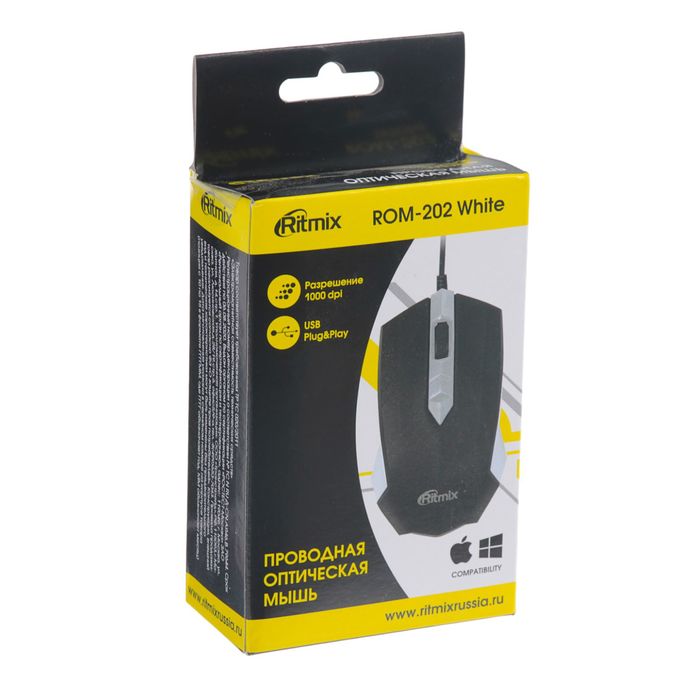 Компьютерная мышь RITMIX ROM-202, проводная, USB, 1000 dpi, белая