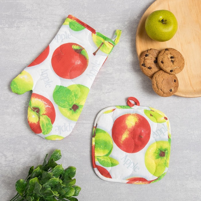 Набор для кухни (рукавичка- прихватка, прихватка, полотенце) Яблочное угощение, бязь 125г/м, хл100%