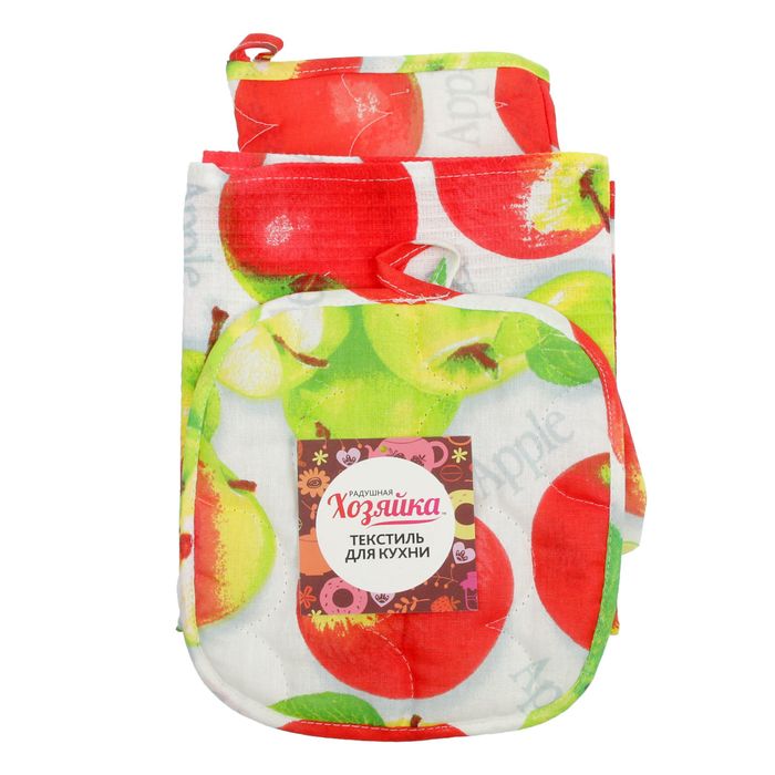 Набор для кухни (рукавичка- прихватка, прихватка, полотенце) Яблочное угощение, бязь 125г/м, хл100%