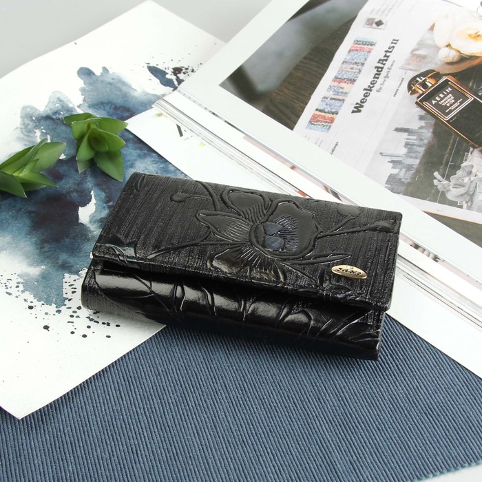 Кошелёк женский, 3 отдела, отдел для карт, монет, цвет чёрный