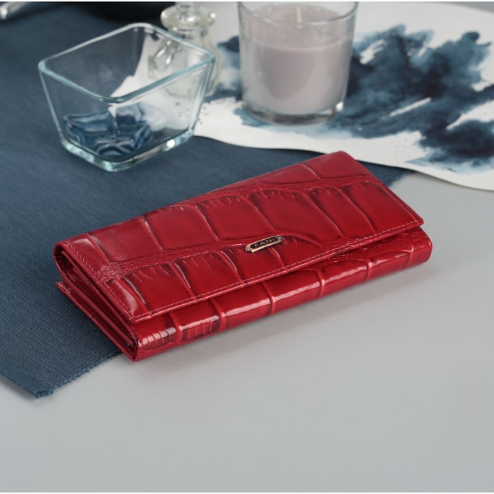 Кошелёк женский на клапане, 2 отдела на рамке, 3 отдела, отдел для карт, цвет красный