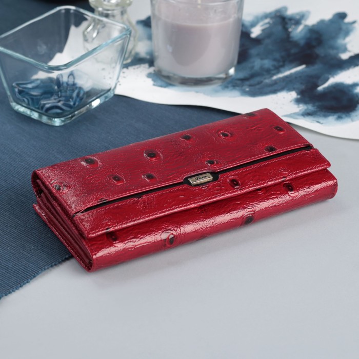 Кошелёк женский на клапане, 2 отдела на рамке, 3 отдела, отдел для карт, цвет красный