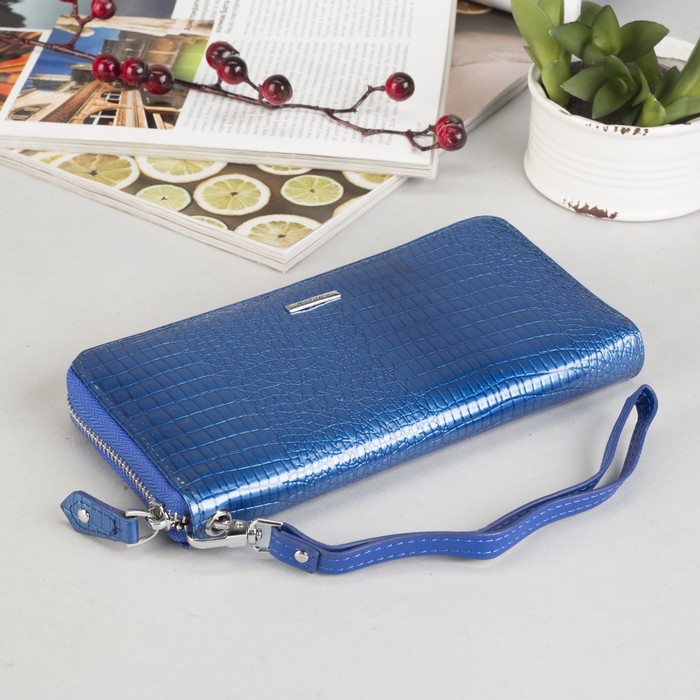 Кошелёк женский на молнии, 4 отдела, отдел для карт, с ручкой, цвет синий