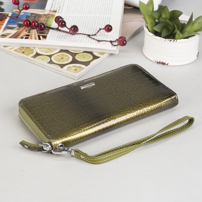 Кошелёк женский на молнии, 4 отдела, отдел для карт, с ручкой, цвет зелёный