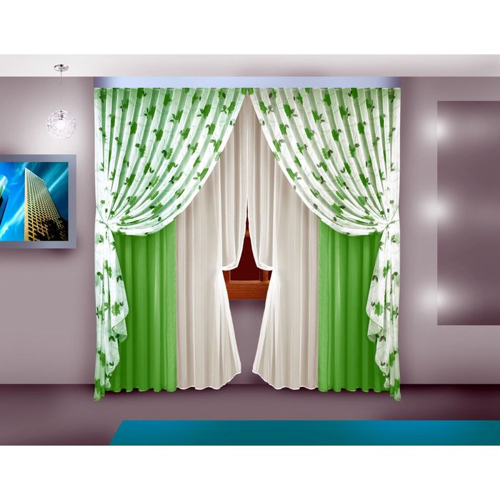 Комплект штор, размер 280х250 2 шт, 250х140 4 шт см, цвет зелёный 7001