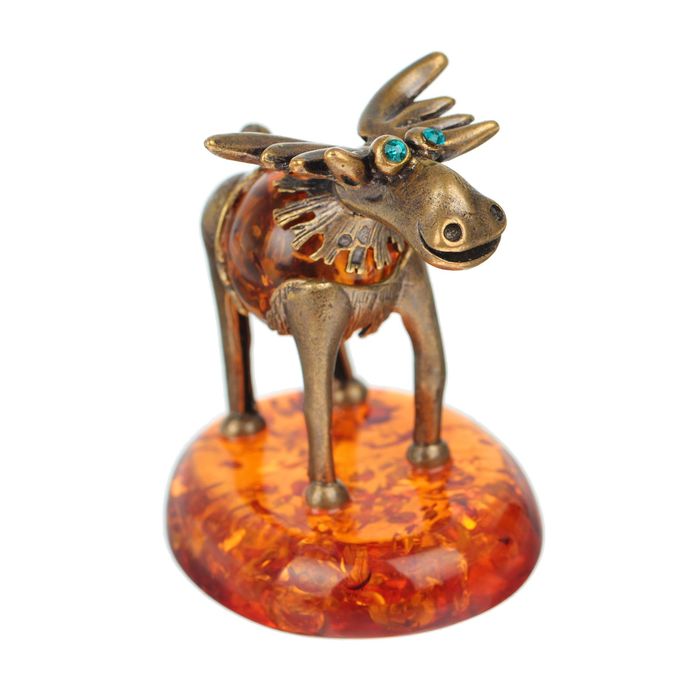 Сувенир из латуни и янтаря "Лось" на подставке