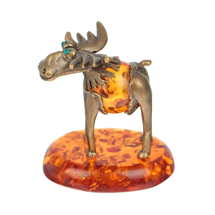 Сувенир из латуни и янтаря "Лось" на подставке