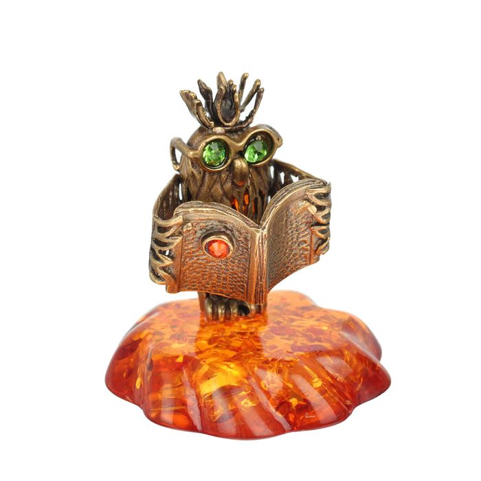 Сувенир из латуни и янтаря "Сова ученая"