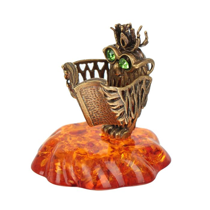 Сувенир из латуни и янтаря "Сова ученая"