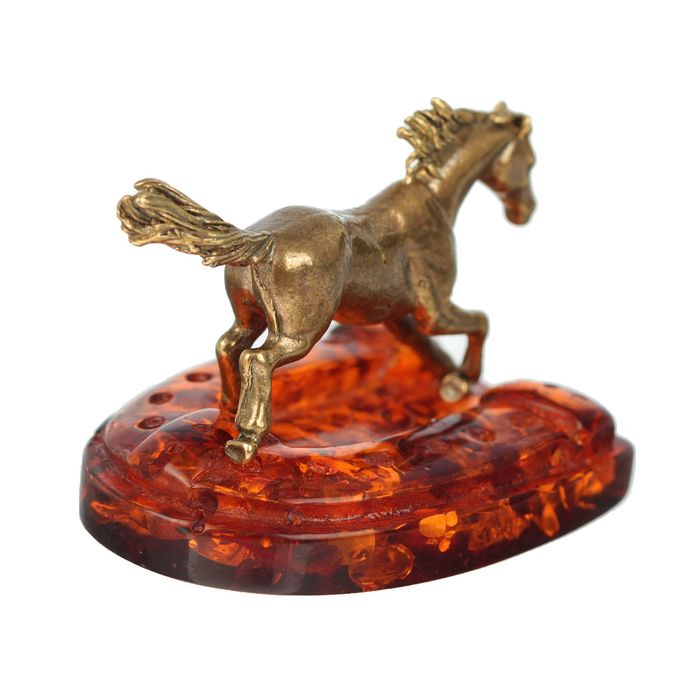 Сувенир из латуни и янтаря "Конь на подкове"