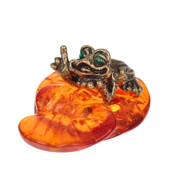 Сувенир из латуни и янтаря "Лягушка мудрая"