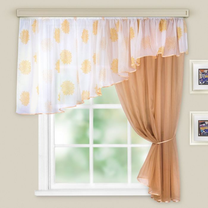 Комплект штор для кухни Лира 430х100 св. золото прав.,принт МИКС, пэ100%