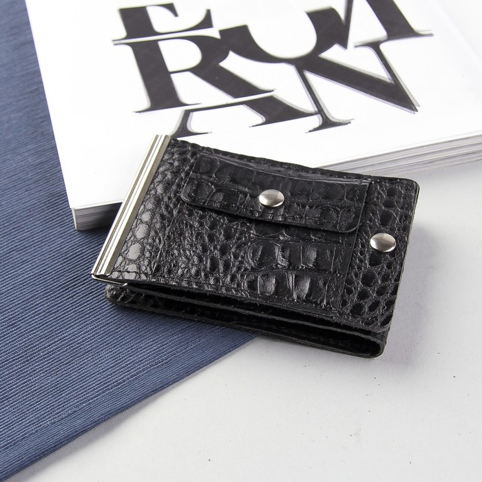 Зажим для купюр на магните, отдел для монет, крокодил, цвет чёрный