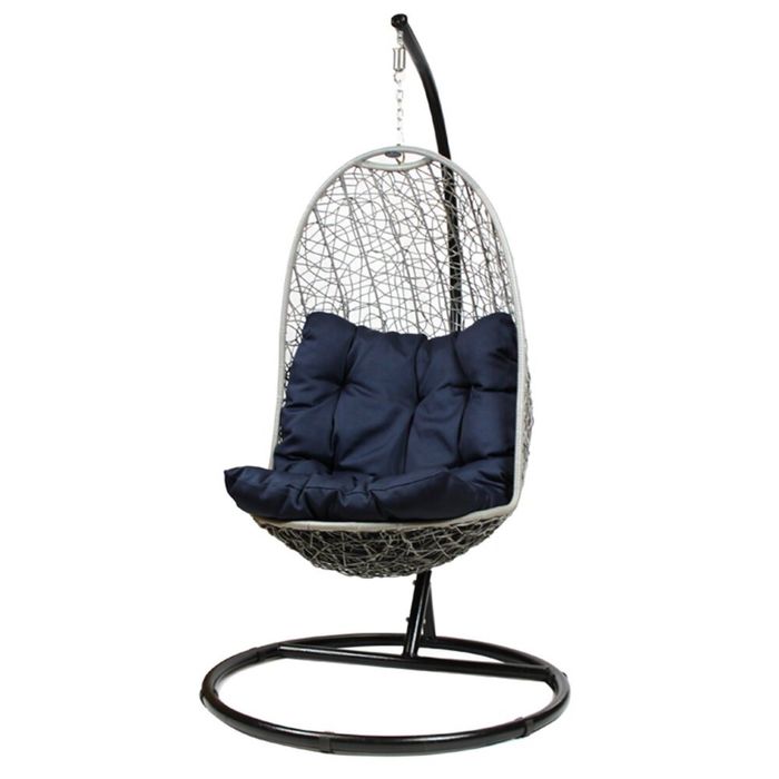 Подвесное кресло-качели на стальной штанге, иск. ротанг, серый/синий