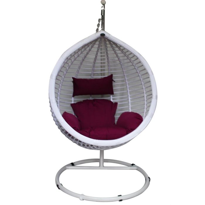 Подвесное кресло-качели на стальной штанге большие, иск. ротанг, белый/бордовый